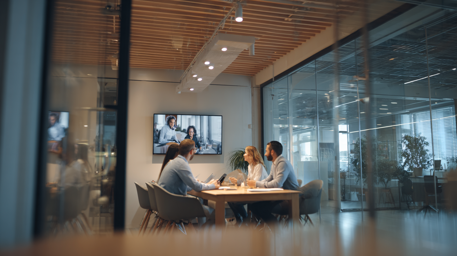 Team on a video call in a glass-walled conference room